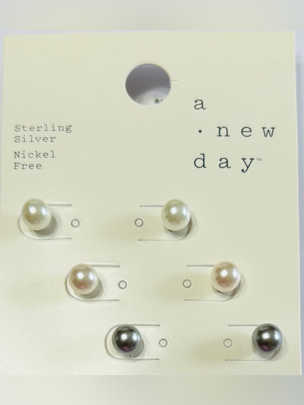 Earrings, 3 pair, NEW, white, pale pink & smoky gray colors.  Sterling silver.